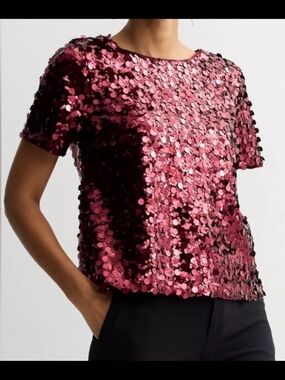 Nine West Rose-Metallic Sequin Short-Sleeve Tee Size OX